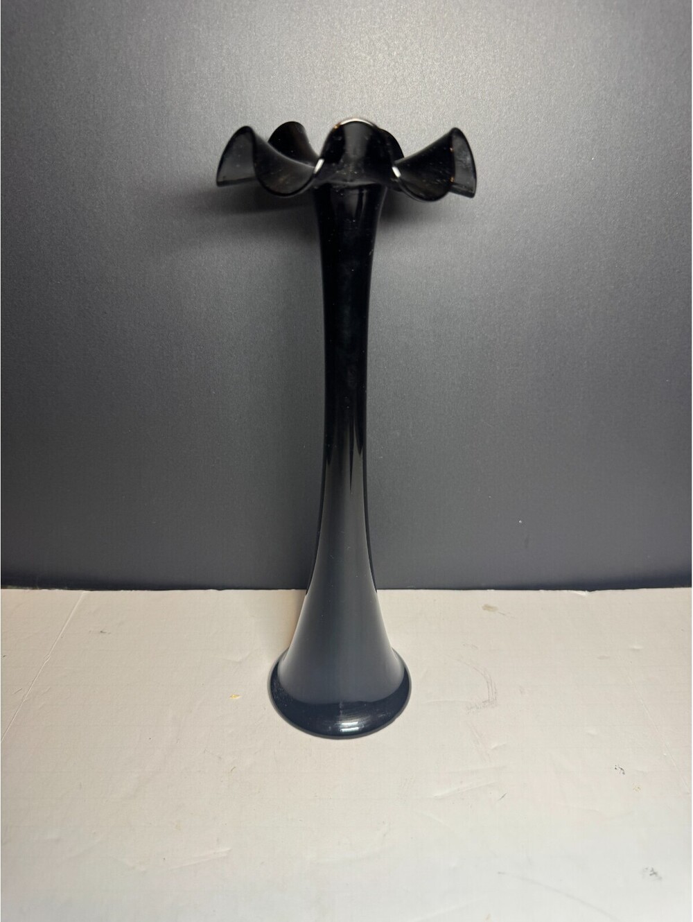 Black Amethyst Glass Ruffled Bud Vase Vintage 1970's 10 inches